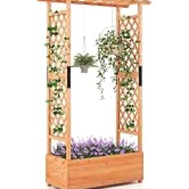 GiantexUK Raised Garden Bed with Arch Trellis, Wooden Garden Planter Box with Drainage Holes, Climbing Plants Vines Vegetables Herbs Flower Pots Grow Box for Patio Backyard