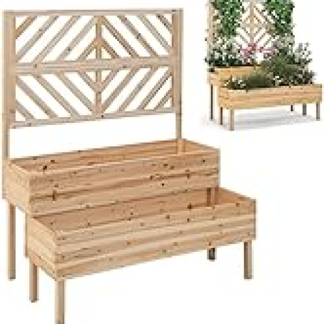 GiantexUK 2-Tier Garden Bed with Trellis, Wood Garden Planter with Drainage Hole, Outdoor Elevated Flower Pots Planting Box for Climbing Plants Vine Vegetables Herbs