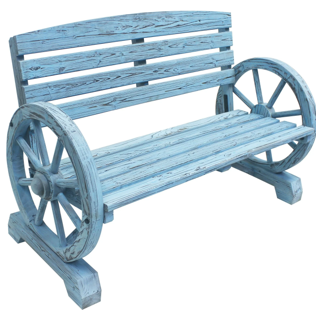 Blue Wash Wagon Wheel Bench