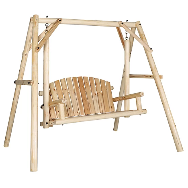 Veikous 2-Person Wood Patio Swing With A-Shaped Stand and Adjustable Hooks