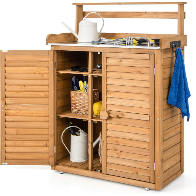 COSTWAY Outdoor Storage Shed, Wooden Garden Potting Bench Table with Galvanized Top, 3 Hanging Hooks & Removable Shelves, Waterproof Tools Cabinet