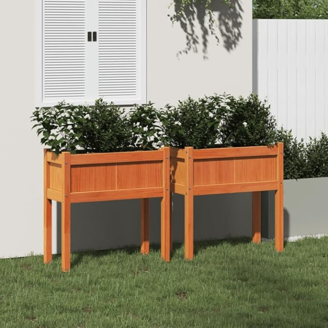 vidaXL Solid Pine Wood Garden Planters - Wax Brown, Rectangular Design for Outdoor Gardens, Balconies and Patios - 2 pcs with Legs, Assembly Required