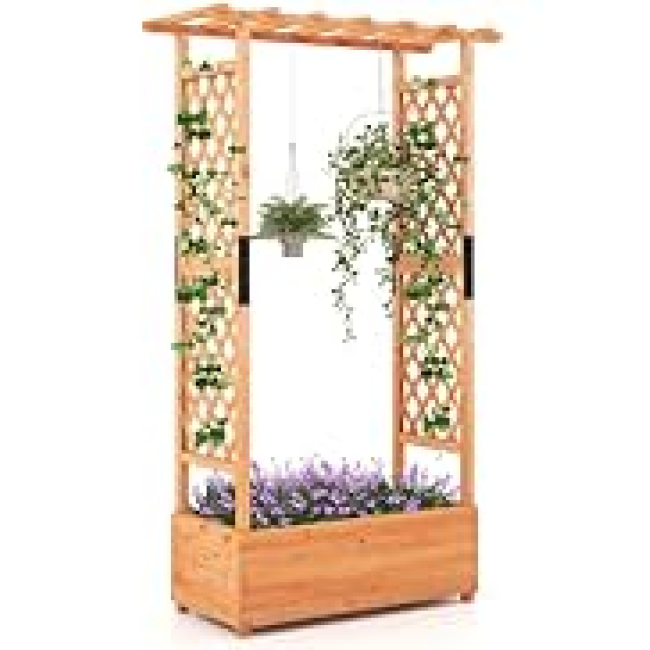 GiantexUK Raised Garden Bed with Arch Trellis, Wooden Garden Planter Box with Drainage Holes, Climbing Plants Vines Vegetables Herbs Flower Pots Grow Box for Patio Backyard