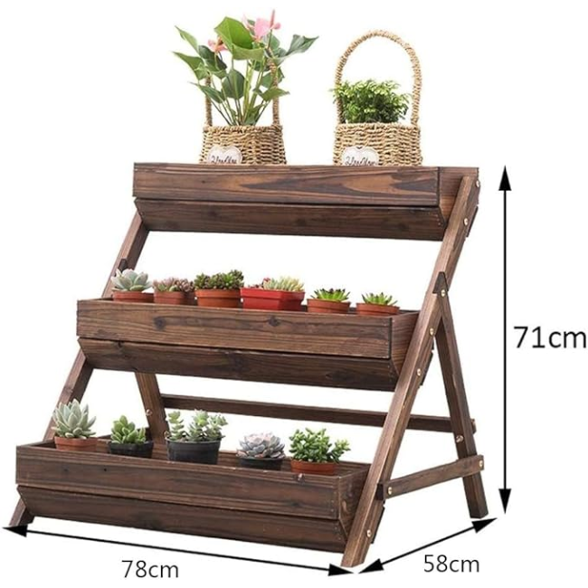 Carbonized Wood Three-Layer Flower Stand Balcony Flower Pot Stand Solid Wood Multi-Layer Floor Type Stand Suitable for Garden