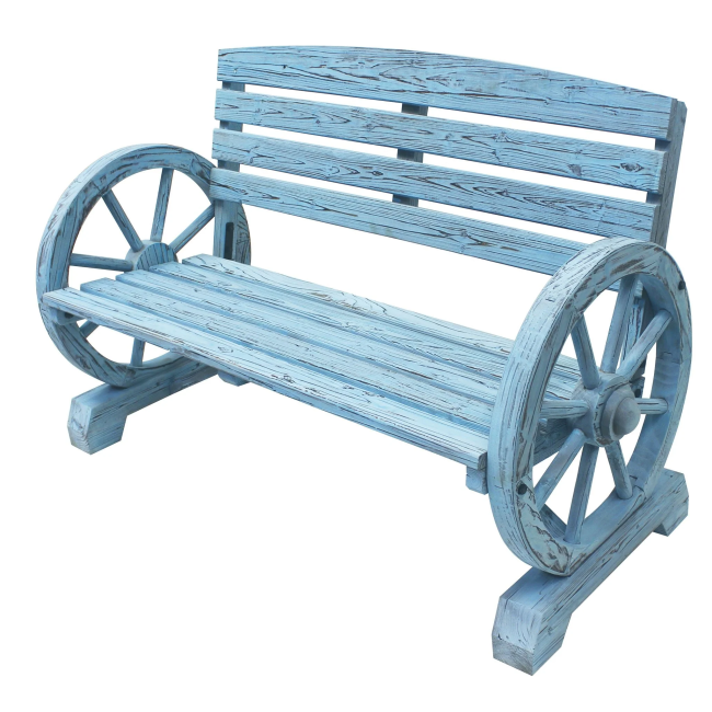 Blue Wash Wagon Wheel Bench