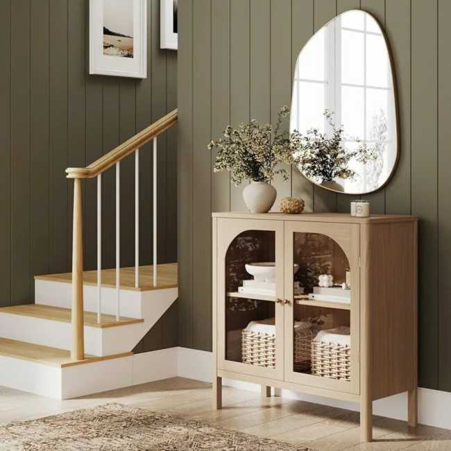 Storage, Buffet, Sideboard, Free Standing Accent Cabinet for Hallway, Entryway or Living Room, Wood, Clear Glass
