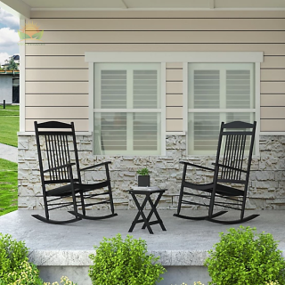 Veikous 3-Piece Wood Outdoor Rocking Chairs with Curved Seat and High Backrest