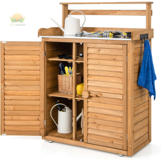 COSTWAY Outdoor Storage Shed, Wooden Garden Potting Bench Table with Galvanized Top, 3 Hanging Hooks & Removable Shelves, Waterproof Tools Cabinet