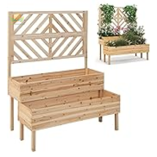 GiantexUK 2-Tier Garden Bed with Trellis, Wood Garden Planter with Drainage Hole, Outdoor Elevated Flower Pots Planting Box for Climbing Plants Vine Vegetables Herbs