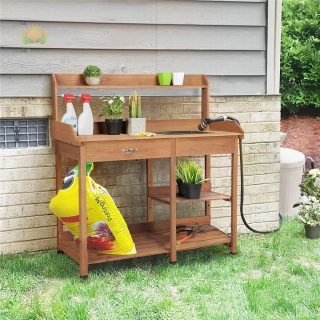 Topeakmart Potting Bench Table with Removable Sink Drawer Shelves for Outdoor, Brown
