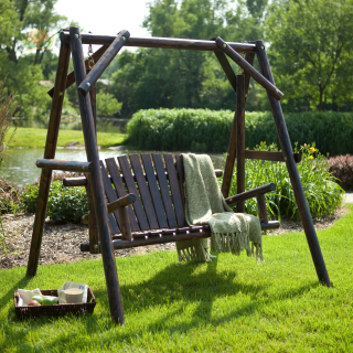 Wooden Porch Swing - Rustic Torched Log Curved Back Porch Swing and A-frame Set, Wooden Swing Bench