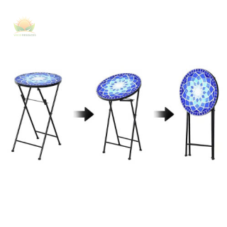 Indoor Outdoor Small End Coffee Table Plant Stand for Patio Balcony Porch (Folding, Blue Flower)
