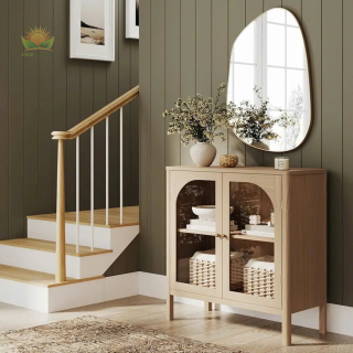 Storage, Buffet, Sideboard, Free Standing Accent Cabinet for Hallway, Entryway or Living Room, Wood, Clear Glass